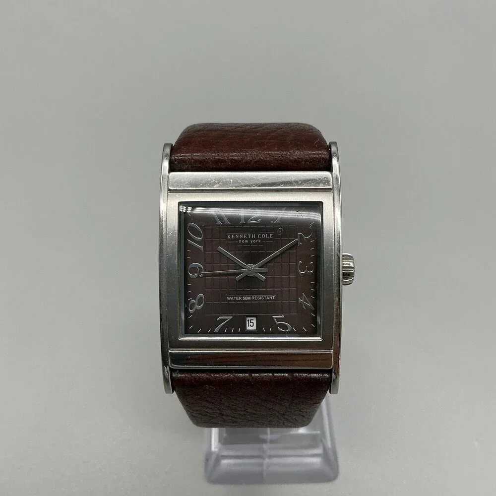 Kenneth Cole KC1238 Mens Watch 32mm Silver Tone Brown Leather Date New Battery